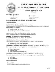 VILLAGE OF NEW BADEN VILLAGE BOARD COMMITTEE-AT-LARGE AGENDA Tuesday, February 18, 2014 7:00 p.m. ROLL CALL: Mayor Picard Trustee Malina