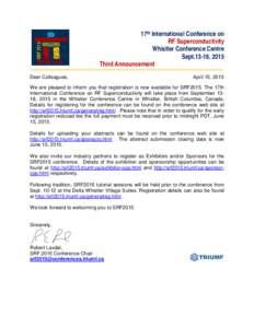 17th International Conference on RF Superconductivity Whistler Conference Centre Sept.13-18, 2015 Third Announcement Dear Colleagues,