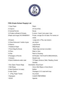 Fifth Grade School Supply List 1 Copy Paper Ream  2 Crayons