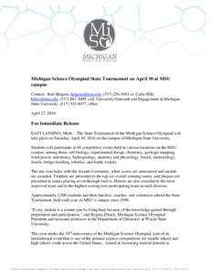 Michigan Science Olympiad State Tournament on April 30 at MSU campus