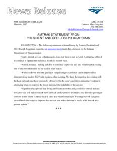 AMTRAK STATEMENT FROM PRESIDENT AND CEO JOSEPH BOARDMAN