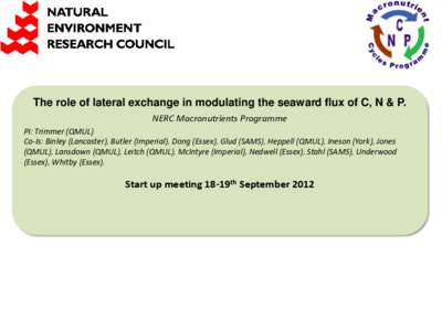 The role of lateral exchange in modulating the seaward flux of C, N & P. NERC Macronutrients Programme PI: Trimmer (QMUL) Co-Is: Binley (Lancaster), Butler (Imperial), Dong (Essex), Glud (SAMS), Heppell (QMUL), Ineson (Y