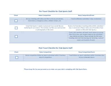 Pre-Travel Checklist for Club Sports Staff Check Home Competition  Away Competition/Event