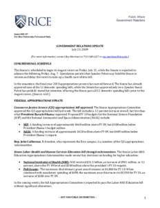 Public Affairs Government Relations Issue #09-07 For Rice University Personnel Only