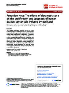 Retraction Note: The effects of dexamethasone on the proliferation and apoptosis of human ovarian cancer cells induced by paclitaxel