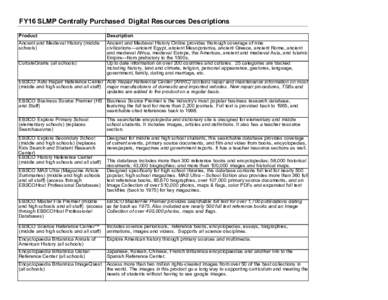 FY16 SLMP Centrally Purchased Digital Resources Descriptions Product Ancient and Medieval History (middle schools) CultureGrams (all schools)
