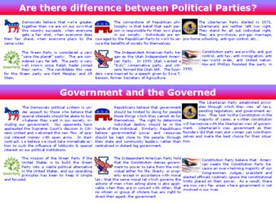 Are there difference between Political Parties? Democrats believe that we’re greater The cornerstone of Republican phiThe Libertarian Party started in 1971, together than we are on our own-that losophy is that belief t