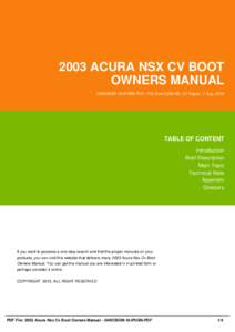 2003 ACURA NSX CV BOOT OWNERS MANUAL 2ANCBOM-18-IPUB6-PDF | File Size 2,000 KB | 37 Pages | 7 Aug, 2016 TABLE OF CONTENT Introduction