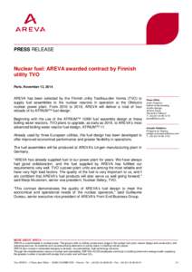 PR - Nuclear fuel - AREVA awarded contract by Finnish utility TVO