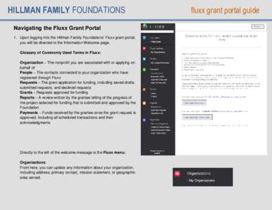 HILLMAN FAMILY FOUNDATIONS Navigating the Fluxx Grant Portal 1. Upon logging into the Hillman Family Foundations’ Fluxx grant portal, you will be directed to the Information Welcome page. Glossary of Commonly Used Term