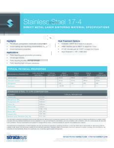 Stainless Steel 17-4 D I R E C T M E TA L L A S E R S I N T E R I N G M AT E R I A L S P E C I F I C AT I O N S Highlights  Heat Treatment Options