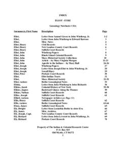 INDEX ELIOT - EYRE Genealogy Notebook # 18A Surname(s), First Name  Description