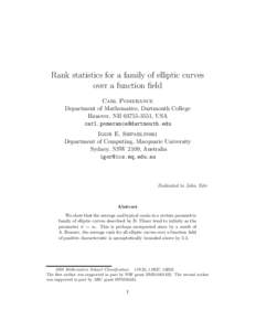 Rank statistics for a family of elliptic curves over a function field Carl Pomerance Department of Mathematics, Dartmouth College Hanover, NH[removed], USA [removed]