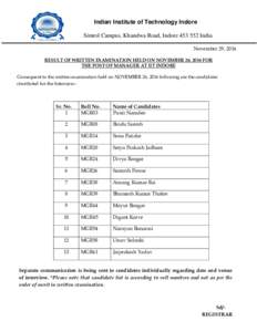 Indian Institute of Technology Indore Simrol Campus, Khandwa Road, IndoreIndia November 29, 2016 RESULT OF WRITTEN EXAMINATION HELD ON NOVEMBER 26, 2016 FOR THE POST OF MANAGER AT IIT INDORE Consequent to the wr