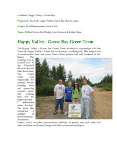 Location: Happy Valley – Goose Bay Proponent: Town of Happy Valley-Goose Bay (Kevin Lane) Project: Trail Development (Mud Lake) Team: Gillian Dyson, Ian Hodge, Lisa Connors & Kelsie Hope  Happy Valley - Goose Bay Green