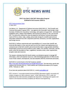 `  DTIC’s Key Role in DoD S&T Information Program Outlined in DoD Issuance[removed]DTIC Communications Team 12 Sept 2013