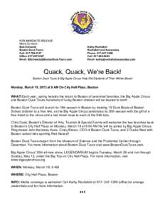 FOR IMMEDIATE RELEASE Media Contacts: Bob Schwartz Boston Duck Tours Cell: Office: 