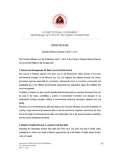Press Release of Council of Ministers Meeting on April 11, 2012