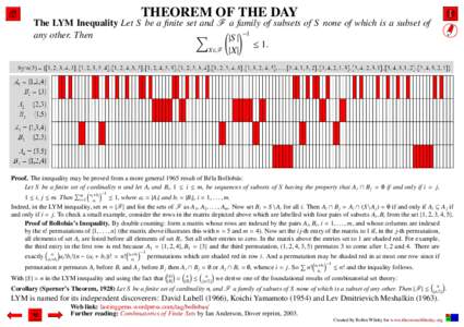 THEOREM OF THE DAY  The LYM Inequality Let S be a finite set and F a family of subsets of S none of which is a subset of !−1 X any other. Then