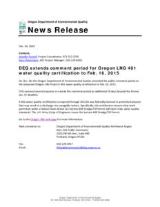 Oregon Department of Environmental Quality  News Release Dec. 30, 2014 Contacts: Jennifer Purcell, Project Coordinator, [removed]