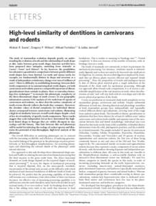 Vol 445 | 4 January 2007 | doi:nature05433  LETTERS High-level similarity of dentitions in carnivorans and rodents Alistair R. Evans1, Gregory P. Wilson2, Mikael Fortelius1,3 & Jukka Jernvall1