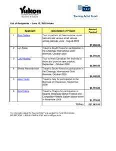 List of Recipients - June 15, 2009 intake Applicant 1 Root Sellers
