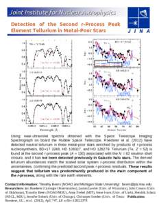 Joint Institute for Nuclear Astrophysics Detection of the Second r-Process Peak Element Tellurium in Metal-Poor Stars Using near-ultraviolet spectra obtained with the Space Telescope Imaging Spectrograph on board the Hub