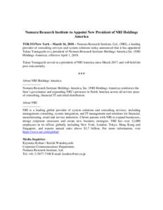 Nomura Research Institute to Appoint New President of NRI Holdings America
