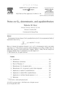 ARTICLE IN PRESS  Finite Fields and Their Applications–269 Notes on G2; determinants, and equidistribution Nicholas M. Katz