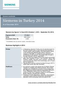 Siemens worldwide  Siemens in Turkey 2014 As of DecemberSiemens key figures* in fiscalOctober 1, 2013 – September 30, 2014)
