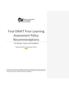 Final DRAFT Prior Learning Assessment Policy Recommendations For Review, Input, and Feedback Proposed by the MUS Prior Learning Assessment Task Force