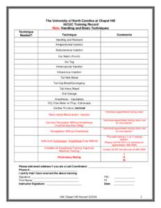 The University of North Carolina at Chapel Hill IACUC Training Record Rats: Handling and Basic Techniques Technique Needed?