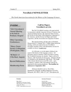 Number 57  Spring 2014 NAAHoLS NEWSLETTER The North American Association for the History of the Language Sciences