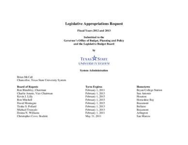 Legislative Appropriations Request Fiscal Years 2012 and 2013 Submitted to the Governor’s Office of Budget, Planning and Policy and the Legislative Budget Board by