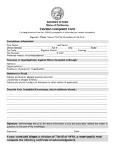 Secretary of State   State of California Election Complaint Form