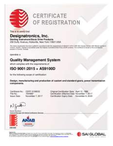 CERTIFICATE OF REGISTRATION This is to certify that Designatronics, Inc. Sterling Instrument/Stock Drive Products