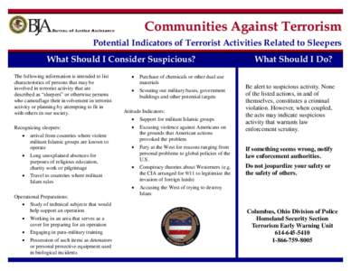 Communities Against Terrorism Potential Indicators of Terrorist Activities Related to Sleepers What Should I Consider Suspicious? The following information is intended to list characteristics of persons that may be invol