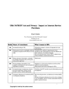 USA P ATRIOT Act and Privacy: Impact on Inter net Ser vice PA Internet