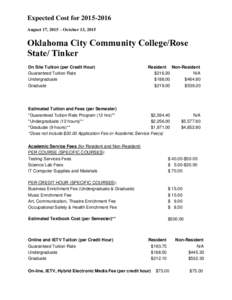 Expected Cost forAugust 17, 2015 – October 13, 2015 Oklahoma City Community College/Rose State/ Tinker On Site Tuition (per Credit Hour)