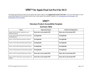 VPAT™ for Apple Final Cut Pro X for OS X The following Voluntary Product Accessibility information refers to the Apple Final Cut Pro X for OS X. For more information on the accessibility features of this product and to