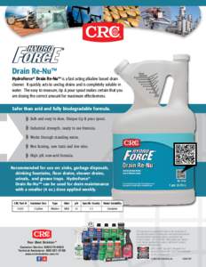 Drain Re-Nu™ HydroForce® Drain Re-Nu™ is a fast acting alkaline based drain cleaner. It quickly acts to unclog drains and is completely soluble in water. The easy to measure, tip & pour spout makes certain that you 