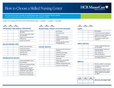 As of January 1, 2013  How to Choose a Skilled Nursing Center The factors you may want to consider are identified below under each of the categories. Be sure to observe, as well as to inquire about these services when ra