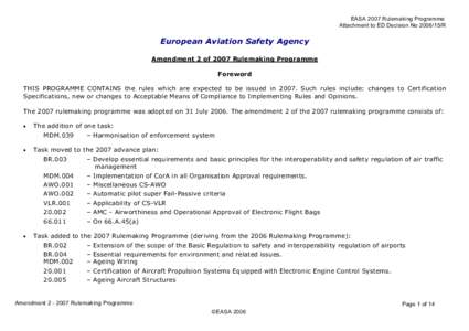 EASA 2007 Rulemaking Programme  Attachment to ED Decision No R  European Aviation Safety Agency  Amendment 2 of 2007 Rulemaking Programme  Foreword 