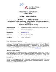 INTERNATIONAL RECRUITMENT Tokyo, Japan VACANCY ANNOUNCEMENT  CONSULTANT (HOME-BASED)