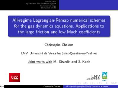 Introduction Large friction and low Mach regimes Numerical strategy Numerical results  All-regime Lagrangian-Remap numerical schemes