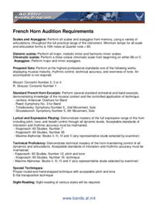 French Horn Audition Requirements Scales and Arpeggios: Perform all scales and arpeggios from memory, using a variety of articulations, throughout the full practical range of the instrument. Minimum tempo for all scale a