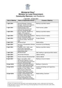 Ministerial Diary1 Minister for Local Government, Community Recovery and Resilience Date of Meeting 1 April 2014