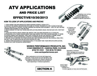 ATV APPLICATIONS AND PRICE LIST UltraCross rear unit has rebound adjustment; compression adjustment is