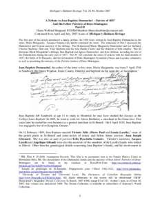 Michigan’s Habitant Heritage, Vol. 28, #4, OctoberA Tribute to Jean Baptiste Dumouchel – Patriote of 1837 And His Fellow Patriotes of Deux-Montagnes Part III Diane Wolford Sheppard, FCHSM Member (bluecolumbine