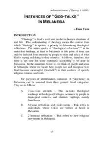 Melanesian Journal of TheologyINSTANCES OF “GOD-TALKS” IN MELANESIA – Esau Tuza INTRODUCTION